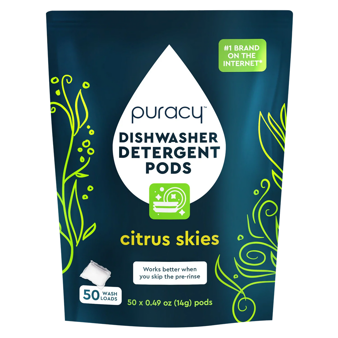 Puracy dishwasher detergent pods in a box, showing colorful pods designed for effective cleaning in dishwashers.