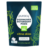 Puracy dishwasher detergent pods in a box, showing colorful pods designed for effective cleaning in dishwashers.