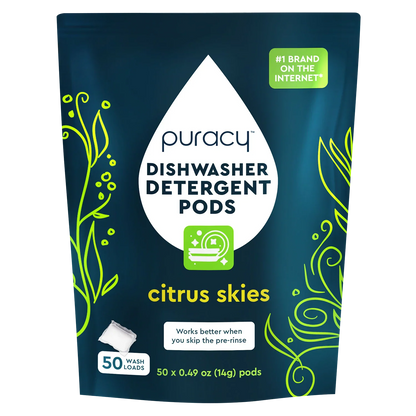 Puracy dishwasher detergent pods in a box, showing colorful pods designed for effective cleaning in dishwashers.