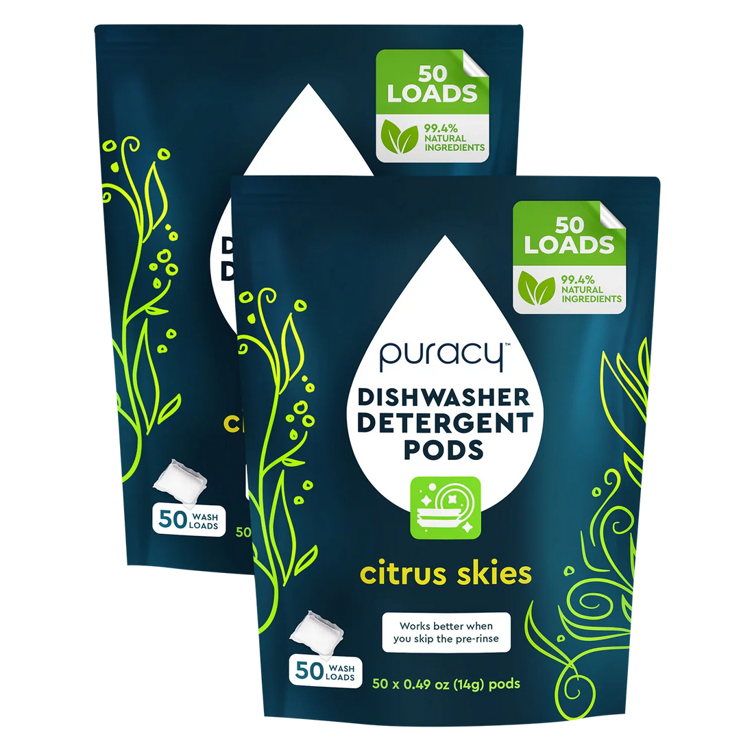 Puracy dishwasher detergent pods with eco-friendly design, showing multiple pods in a clear container for effective cleaning.