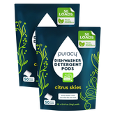 Puracy dishwasher detergent pods with eco-friendly design, showing multiple pods in a clear container for effective cleaning.