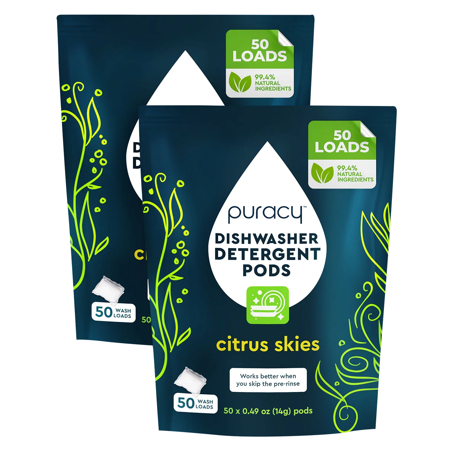 Puracy dishwasher detergent pods with eco-friendly design, showing multiple pods in a clear container for effective cleaning.
