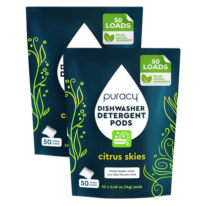 Puracy dishwasher detergent pods with eco-friendly design, showing multiple pods in a clear container for effective cleaning.