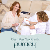 Puracy dishwasher detergent pods in a clear container, showing 50 colorful pods designed for effective dish cleaning.