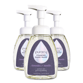 Puracy lavender vanilla foaming hand soap in a pump dispenser, shown in a standard pack of three bottles.