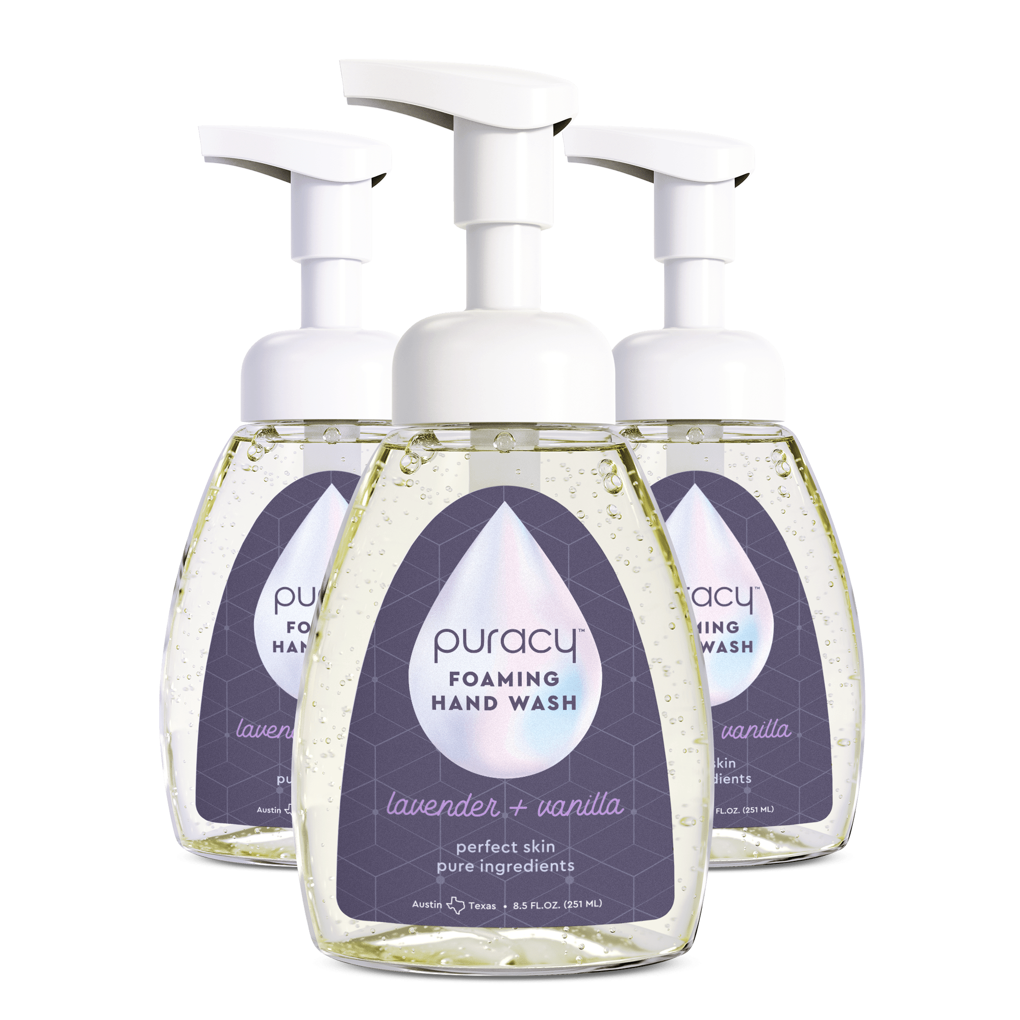 Puracy foaming hand soap in a clear pump bottle, showing rich foam texture and fresh citrus scent on the label.