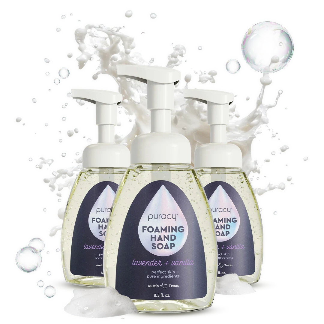 Puracy lavender vanilla foaming hand soap in a bottle, showcasing a gentle, foaming cleanser with calming lavender and vanilla scent.
