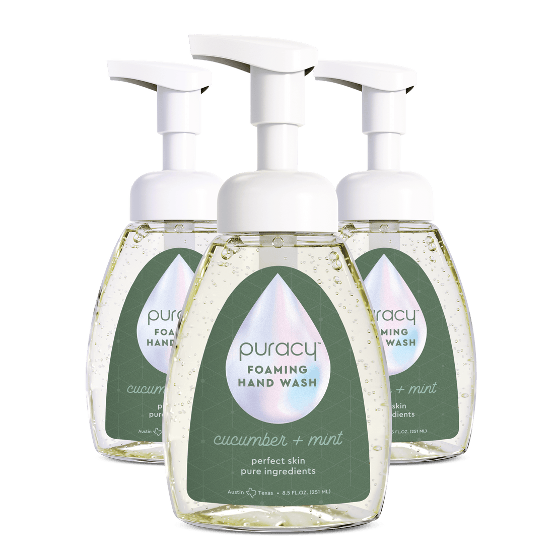 Puracy lavender vanilla foaming hand soap in a pump bottle, set of three, with a gentle, natural hand cleaning formula.
