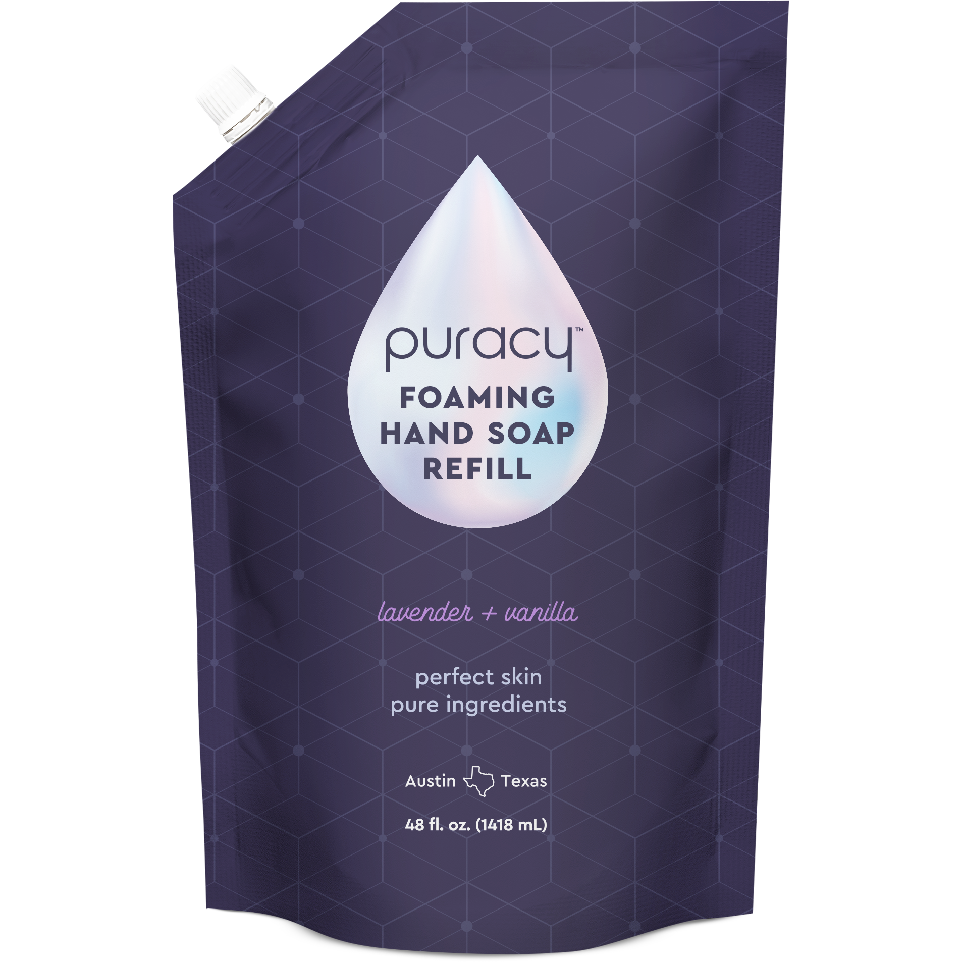 Puracy foaming hand soap in a pump dispenser, clear liquid soap with a pump, designed for hand washing and hygiene.