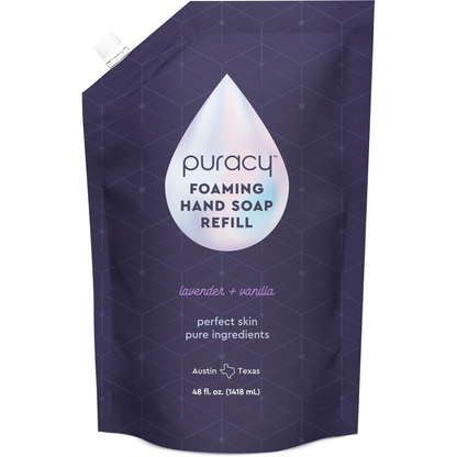 Puracy foaming hand soap in a pump dispenser, clear liquid soap with a pump, designed for hand washing and hygiene.