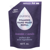 Set of three Puracy foaming hand soap bottles with lavender vanilla scent, featuring sleek pump dispensers for gentle hand cleansing.