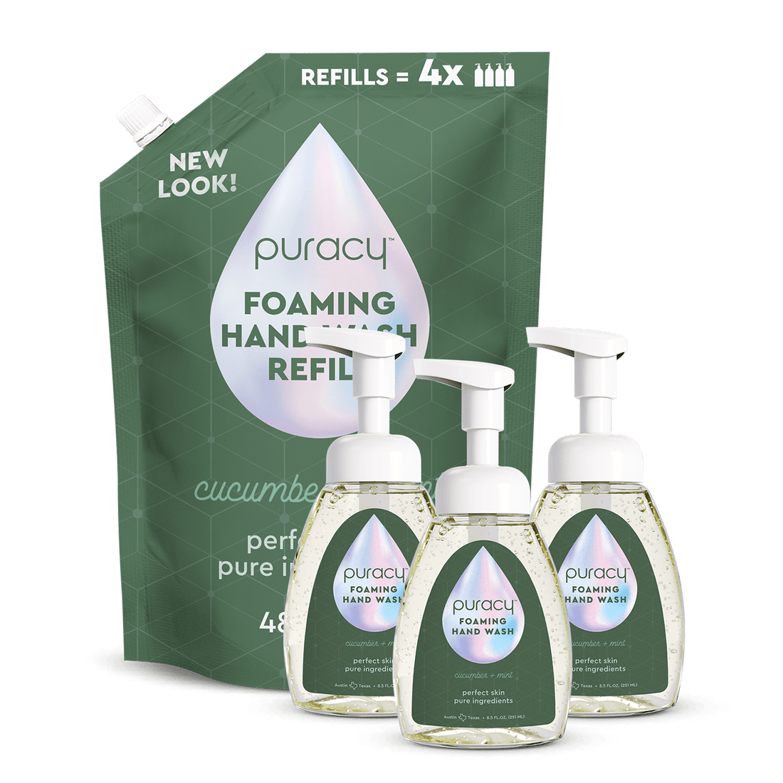 Three bottles of Puracy foaming hand soap with lavender vanilla scent, displayed in a standard pack on a white background.