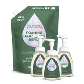 Three bottles of Puracy foaming hand soap with lavender vanilla scent, displayed in a standard pack on a white background.