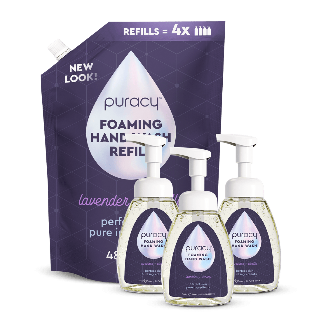 Puracy lavender vanilla foaming hand soap in a pump bottle, set of three, with botanical ingredients and soothing fragrance.