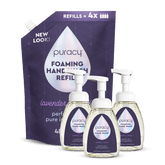 Puracy lavender vanilla foaming hand soap in a pump bottle, set of three, with botanical ingredients and soothing fragrance.
