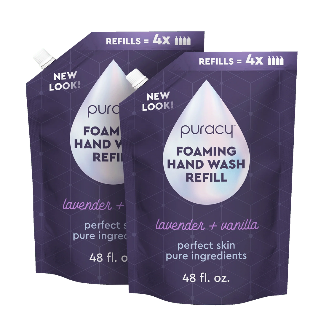 Puracy lavender vanilla foaming hand soap bottles, set of 3, with pump dispensers, showing soft lavender and vanilla scent labels.