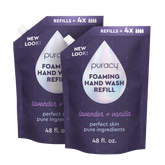 Puracy lavender vanilla foaming hand soap bottles, set of 3, with pump dispensers, showing soft lavender and vanilla scent labels.