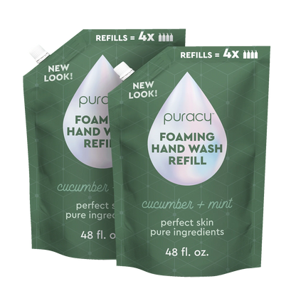 Puracy foaming hand soap in a pump dispenser, clear bottle with label, suitable for handwashing and bathroom use
