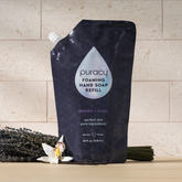 Set of three Puracy foaming hand soap bottles in lavender vanilla scent, featuring pump dispensers and gentle cleansing formula.