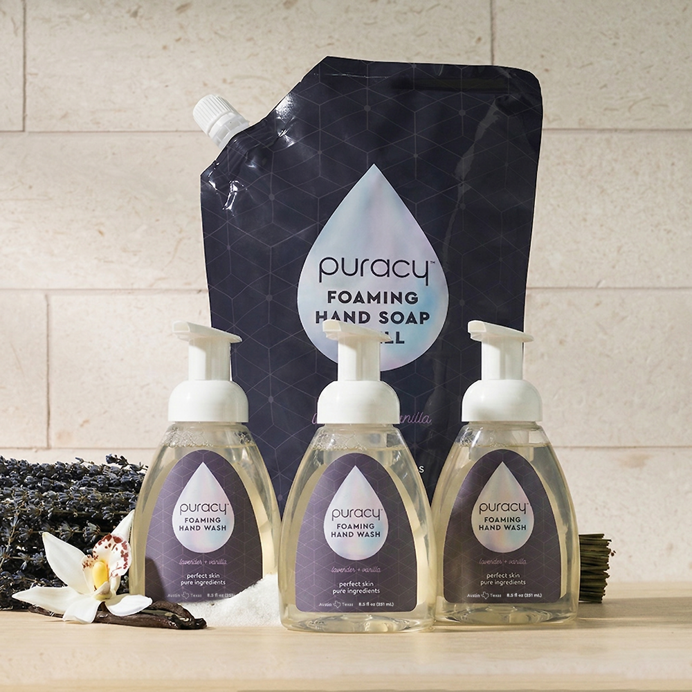 Puracy lavender vanilla foaming hand soap bottles, set of 3, with pump dispensers and label showing lavender and vanilla scent.