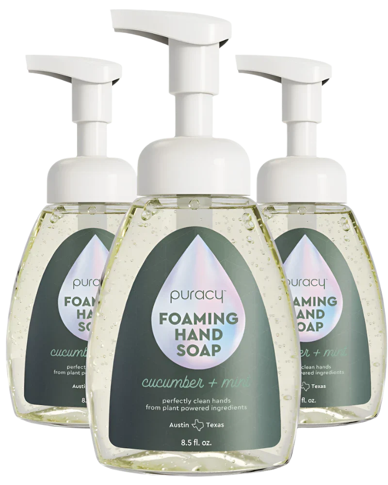 Puracy lavender vanilla foaming hand soap set of 3 bottles with pump dispensers, gentle and moisturizing hand wash for everyday use.