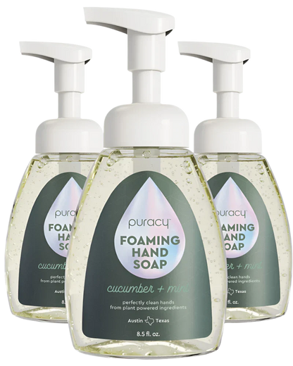 Puracy foaming hand soap dispenser with white foam soap visible, designed for hand cleansing and skin gentle care.