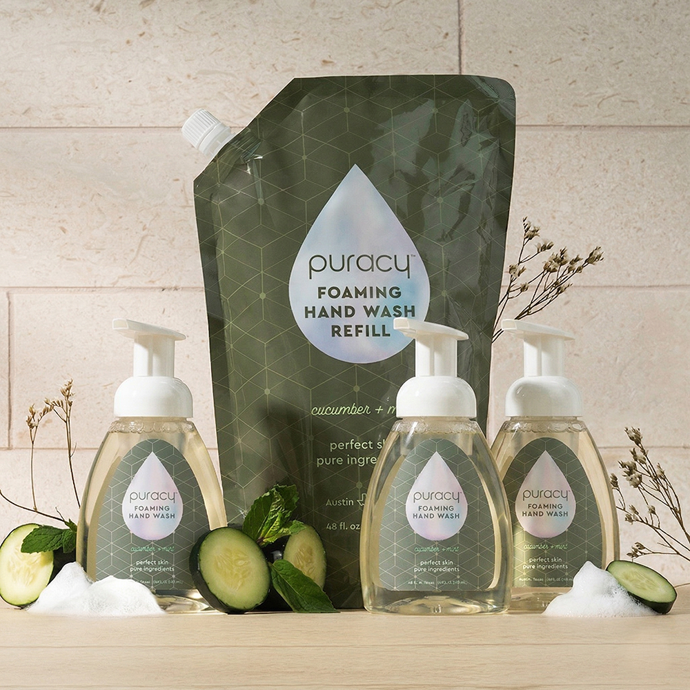 Puracy foaming hand soap in lavender vanilla flavor, set of 3 bottles with pump dispensers, natural and gentle hand cleansing.