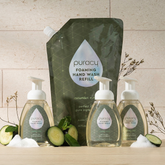 Puracy foaming hand soap in lavender vanilla flavor, set of 3 bottles with pump dispensers, natural and gentle hand cleansing.