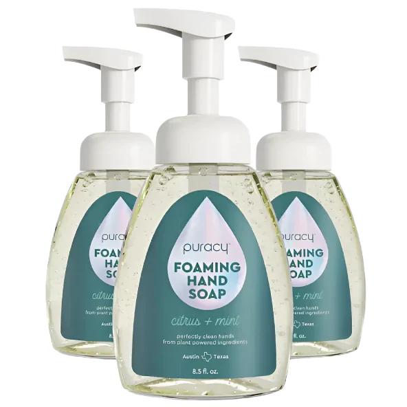 Puracy lavender vanilla foaming hand soap set of 3 bottles, gentle and moisturizing hand wash with natural fragrance.