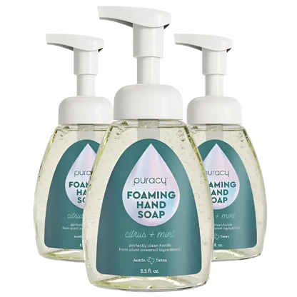 Puracy citrus mint foaming hand soap in a clear pump bottle with citrus and mint scent, showing the foaming soap inside.