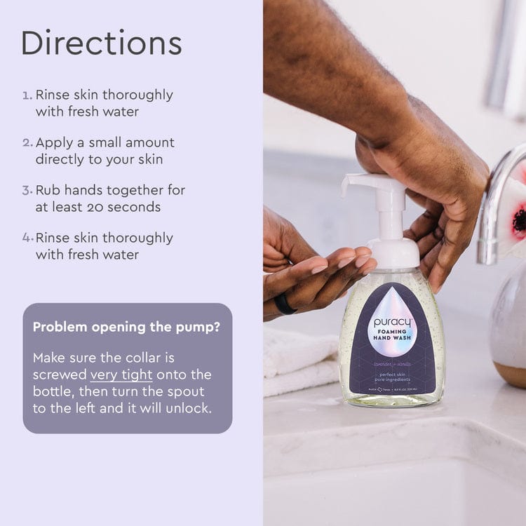 Three bottles of Puracy foaming hand soap in lavender vanilla scent, featuring pump dispensers and clear packaging.