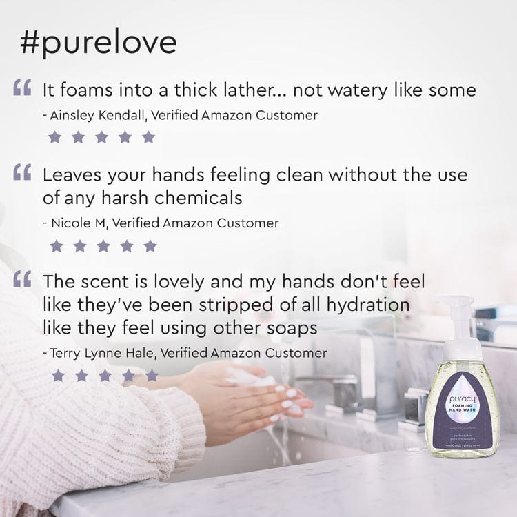 Puracy lavender vanilla foaming hand soap set of 3 bottles with pump dispensers, gentle and moisturizing cleanser for hands.