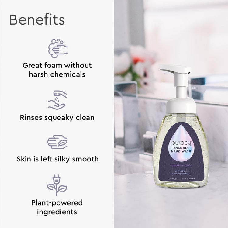 Set of three Puracy foaming hand soap bottles with lavender vanilla scent, featuring pump dispensers and clean, minimalist packaging.