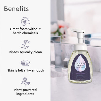 Puracy foaming hand soap bottle with pump dispenser, showing a clean, minimalist design and label on a white background.