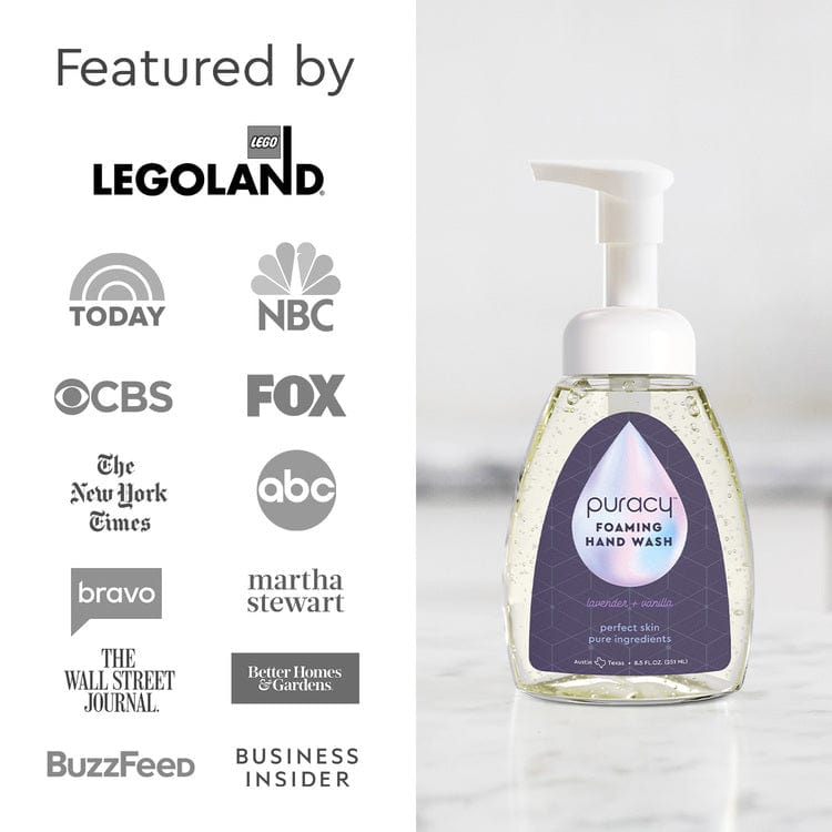 Puracy lavender vanilla foaming hand soap in a pump bottle, set of three, with floral lavender and vanilla scent.