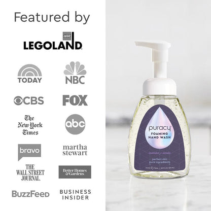 Puracy foaming hand soap in a clear bottle with a pump, showing the soap&