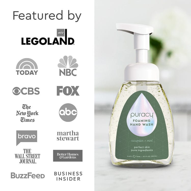 Puracy lavender vanilla foaming hand soap bottles in a standard pack of three on a bathroom sink.