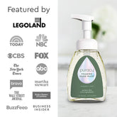 Puracy lavender vanilla foaming hand soap bottles in a standard pack of three on a bathroom sink.