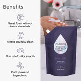 Puracy lavender vanilla foaming hand soap bottles in a standard pack of three with pump dispensers, on a clean bathroom sink.