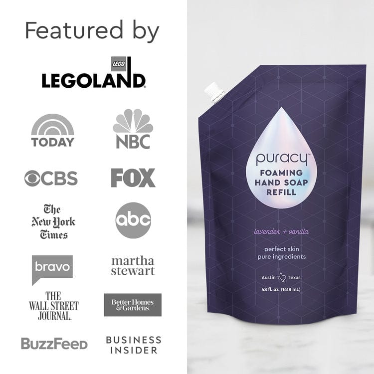 Three bottles of Puracy foaming hand soap in lavender vanilla scent, showcasing the packaging and pump dispenser.