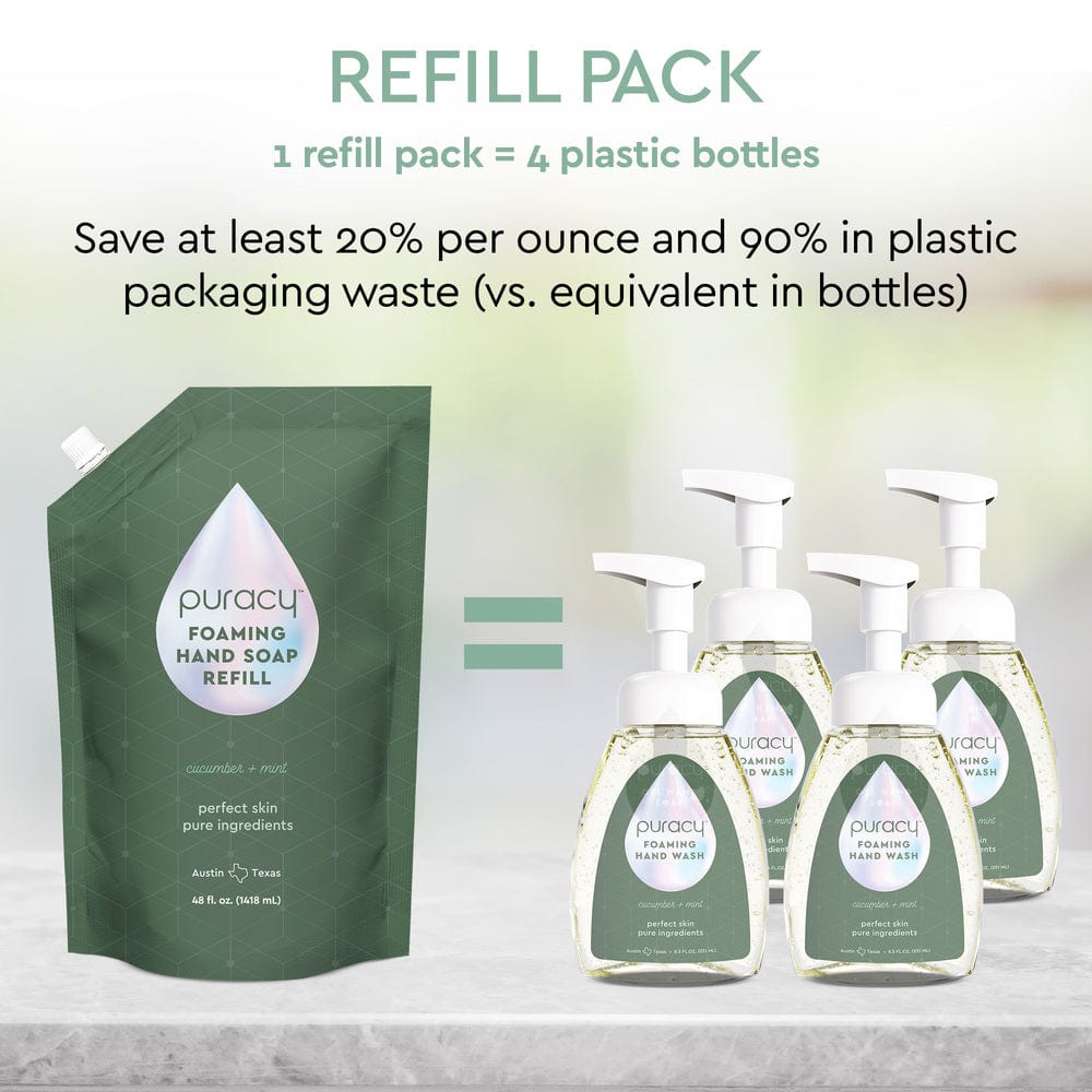 Puracy lavender vanilla foaming hand soap bottles in a standard pack of three, featuring a clear dispenser with lavender and vanilla scent.