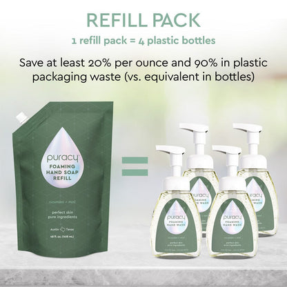 Puracy foaming hand soap refill pack with nine bottles, showcasing the eco-friendly packaging and soap dispenser opening.