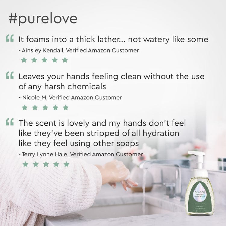 Puracy lavender vanilla foaming hand soap bottles in a standard pack of three, showcasing the pump dispenser and label design.