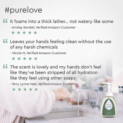 Puracy foaming hand soap in a dispenser, with a close-up of the soap’s bubbly foam texture and clean, modern design.