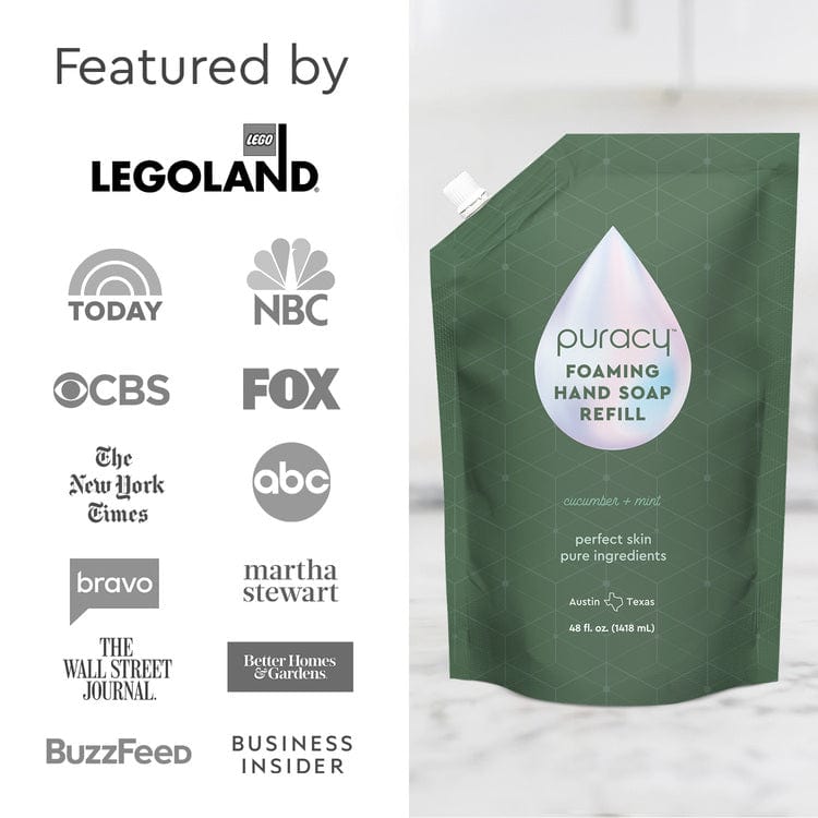 Puracy lavender vanilla foaming hand soap bottles in a standard pack of three, featuring a pump dispenser and floral label design.
