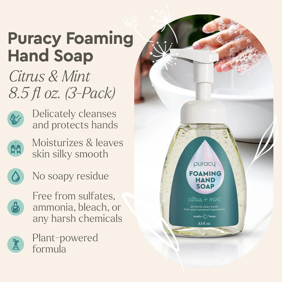 Puracy lavender vanilla foaming hand soap in a pump dispenser, shown in a standard pack of three bottles.