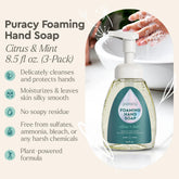 Puracy lavender vanilla foaming hand soap in a pump dispenser, shown in a standard pack of three bottles.
