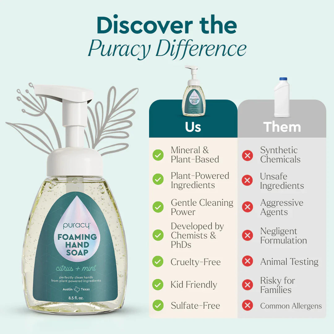 Puracy lavender vanilla foaming hand soap in a pump bottle, set of 3, with a gentle, fragrant formula for hand cleansing.