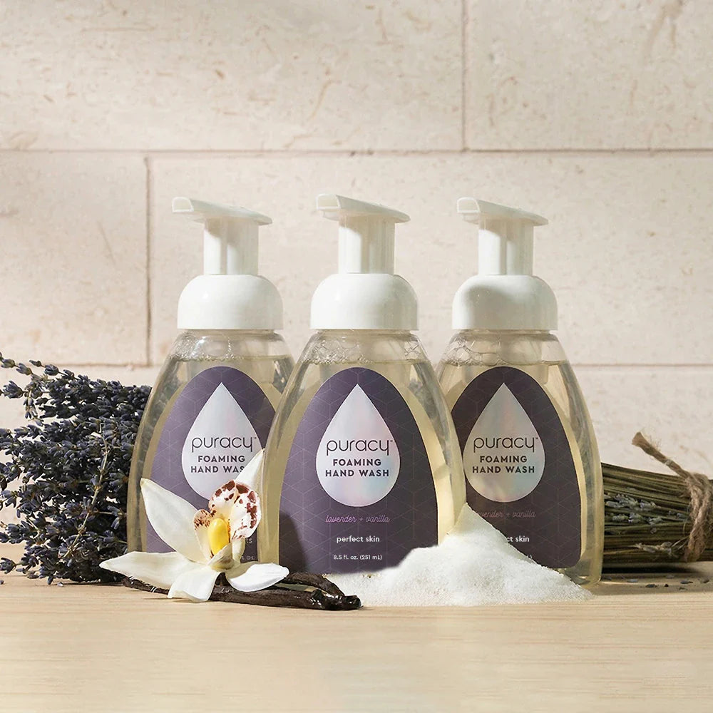 Puracy lavender vanilla foaming hand soap in a pump bottle, set of three, with a soft lavender and vanilla scent.