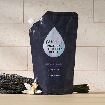 Puracy foaming hand soap refill bottle with pump dispenser, showcasing the product&
